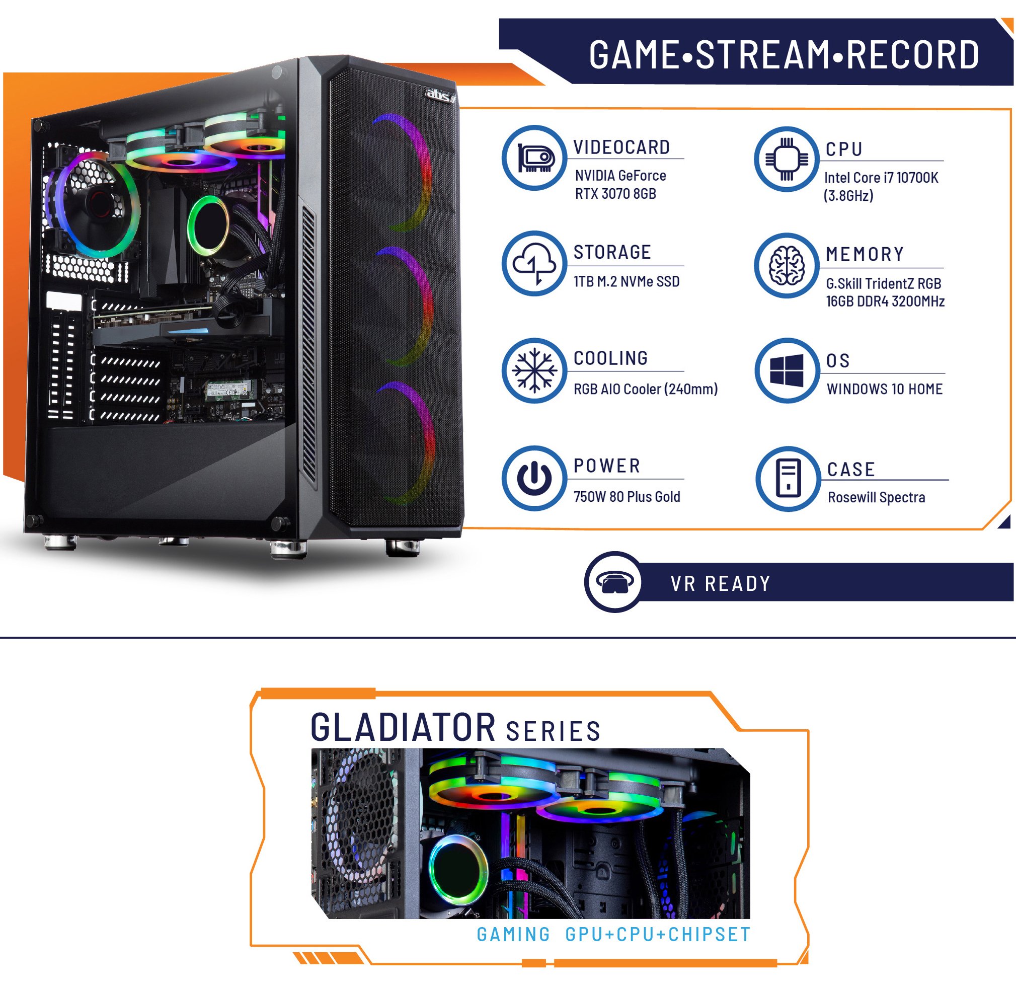 ABS Gladiator Gaming PC Intel i7 10700KF GeForce RTX 3070 G.Skill TridentZ  RGB 16GB DDR4 3200MHz 1TB Intel M.2 NVMe SSD